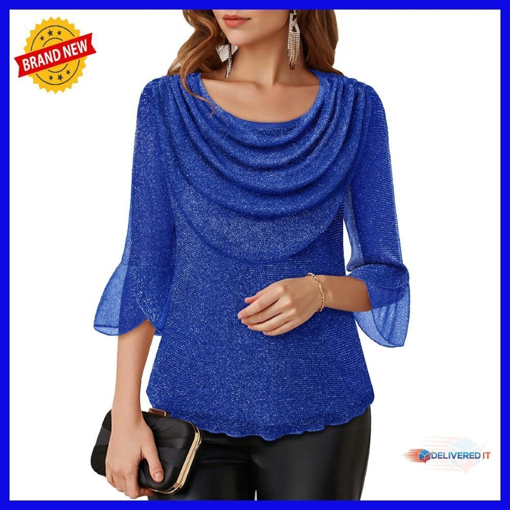 Sparkly Cowl Neck 3/4 Sleeve Blouse Party Top Dressy Casual